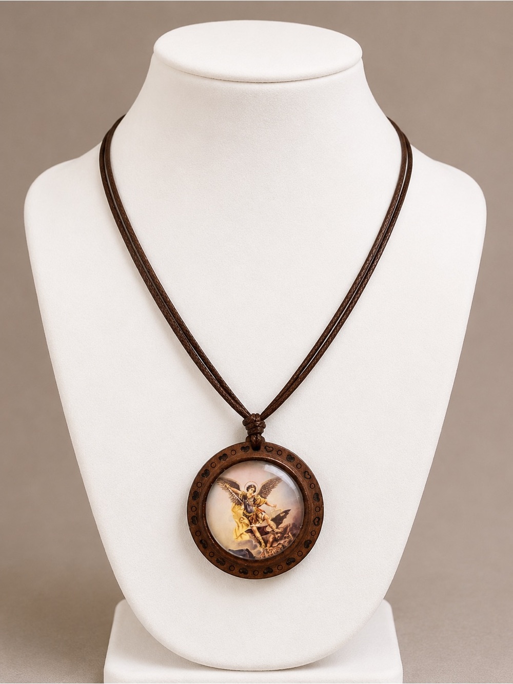 Brown Leather Cord Pendant Necklace with Angel Artwork